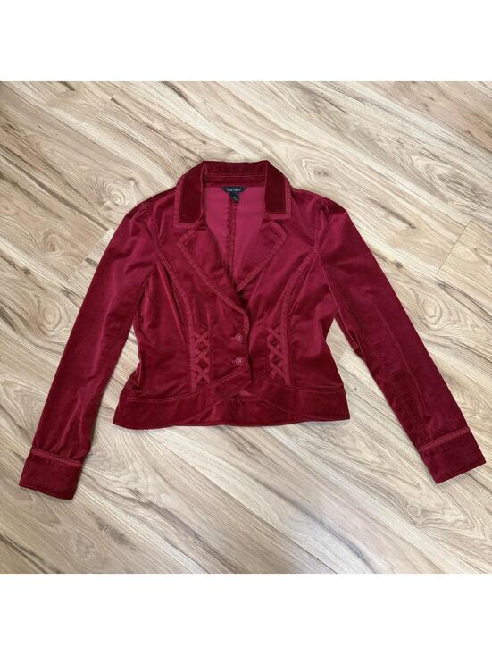 White House Black Market Jackets & Blazers - White House Black Market Red Velvet Fitted Blazer Grosgrain Trim Dark Academia